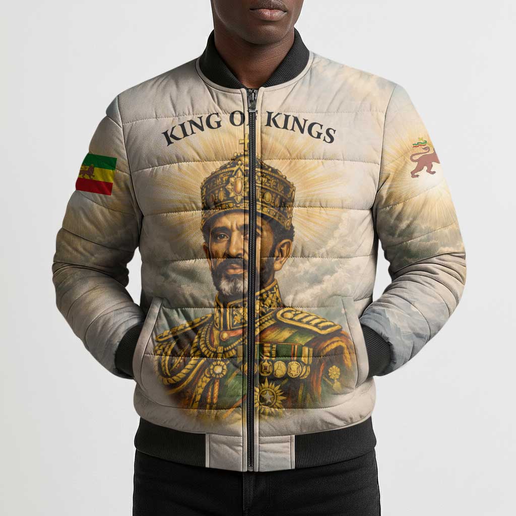 Haile Selassie I Ethiopia Bomber Puffer Jacket with King of Kings and Conquering Lion Cloud Rays and Regal Portrait