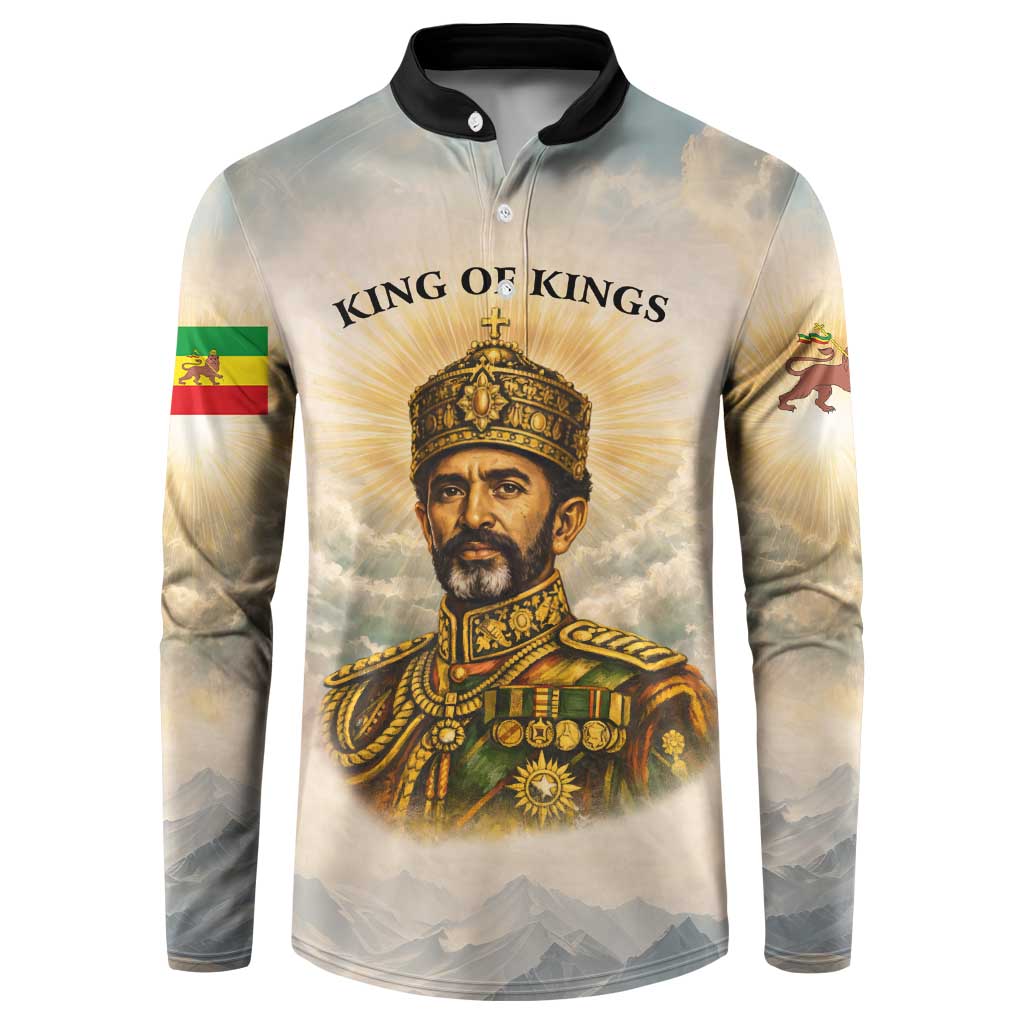 Haile Selassie I Ethiopia Button Sweatshirt with King of Kings and Conquering Lion Cloud Rays and Regal Portrait