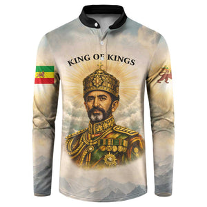 Haile Selassie I Ethiopia Button Sweatshirt with King of Kings and Conquering Lion Cloud Rays and Regal Portrait