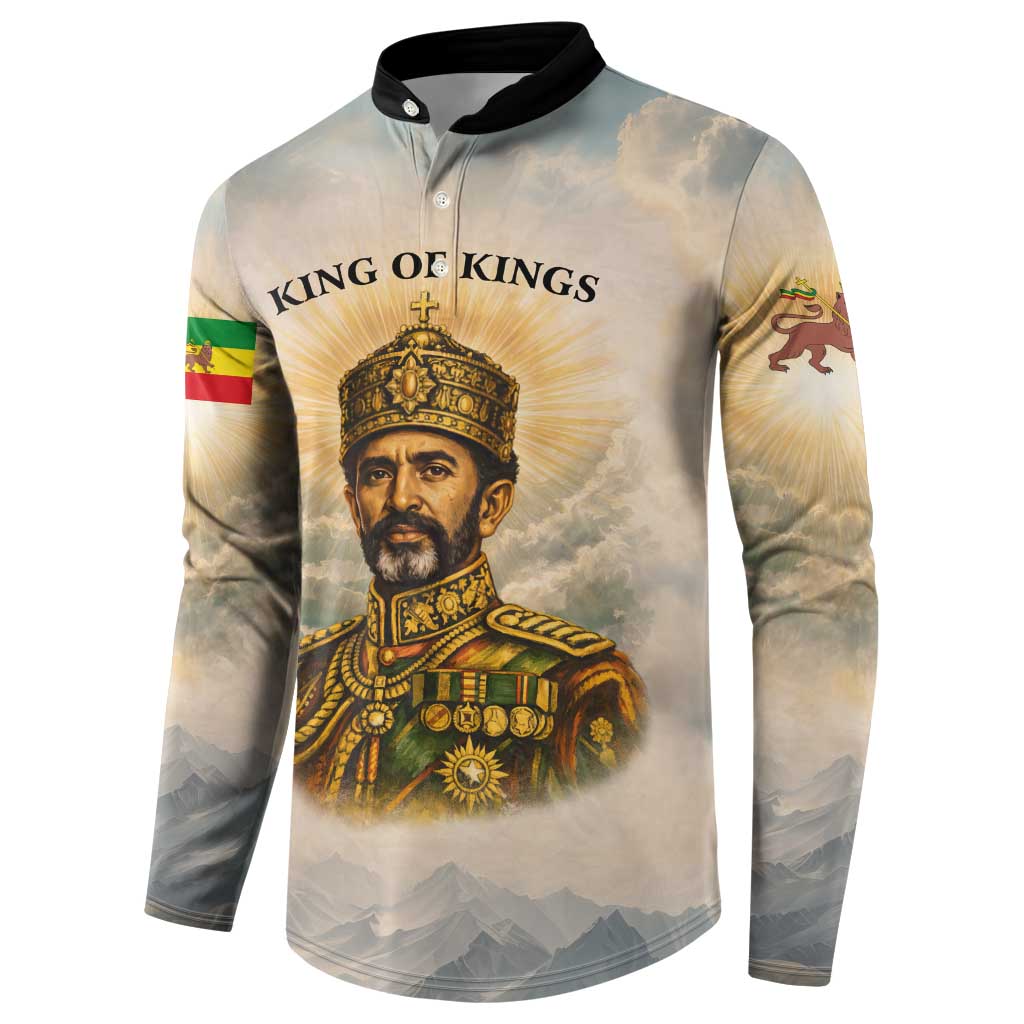 Haile Selassie I Ethiopia Button Sweatshirt with King of Kings and Conquering Lion Cloud Rays and Regal Portrait
