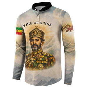 Haile Selassie I Ethiopia Button Sweatshirt with King of Kings and Conquering Lion Cloud Rays and Regal Portrait