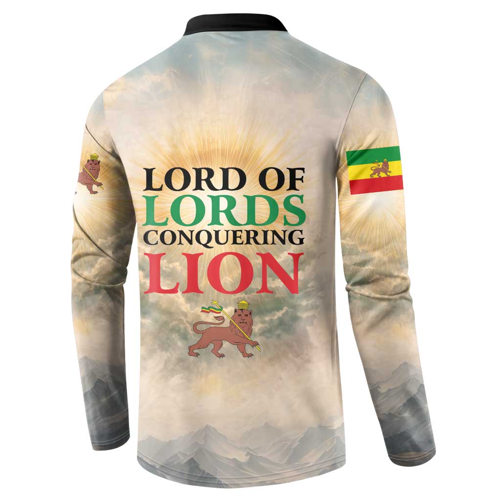 Haile Selassie I Ethiopia Button Sweatshirt with King of Kings and Conquering Lion Cloud Rays and Regal Portrait