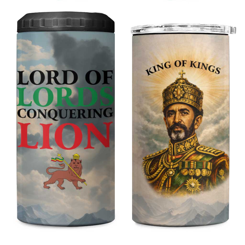 Haile Selassie I Ethiopia 4 in 1 Can Cooler Tumbler with King of Kings and Conquering Lion Cloud Rays and Regal Portrait - African Pride