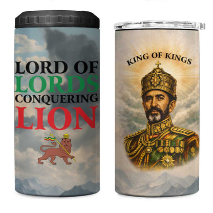 Haile Selassie I Ethiopia 4 in 1 Can Cooler Tumbler with King of Kings and Conquering Lion Cloud Rays and Regal Portrait - African Pride