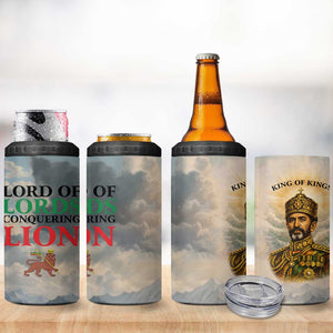 Haile Selassie I Ethiopia 4 in 1 Can Cooler Tumbler with King of Kings and Conquering Lion Cloud Rays and Regal Portrait - African Pride