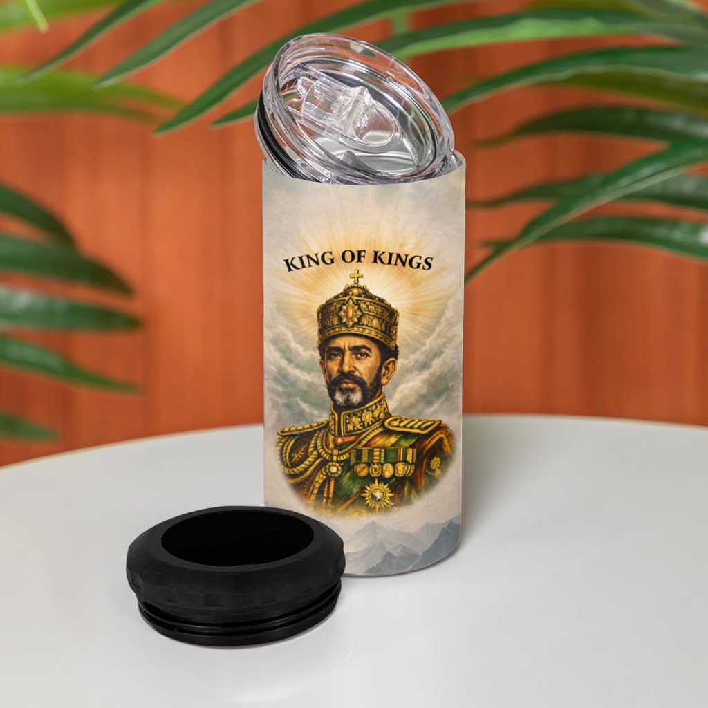 Haile Selassie I Ethiopia 4 in 1 Can Cooler Tumbler with King of Kings and Conquering Lion Cloud Rays and Regal Portrait - African Pride