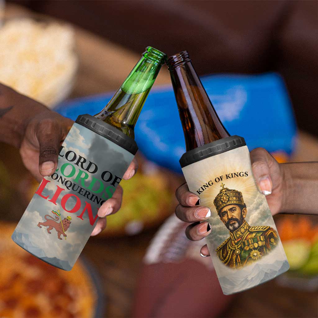 Haile Selassie I Ethiopia 4 in 1 Can Cooler Tumbler with King of Kings and Conquering Lion Cloud Rays and Regal Portrait - African Pride