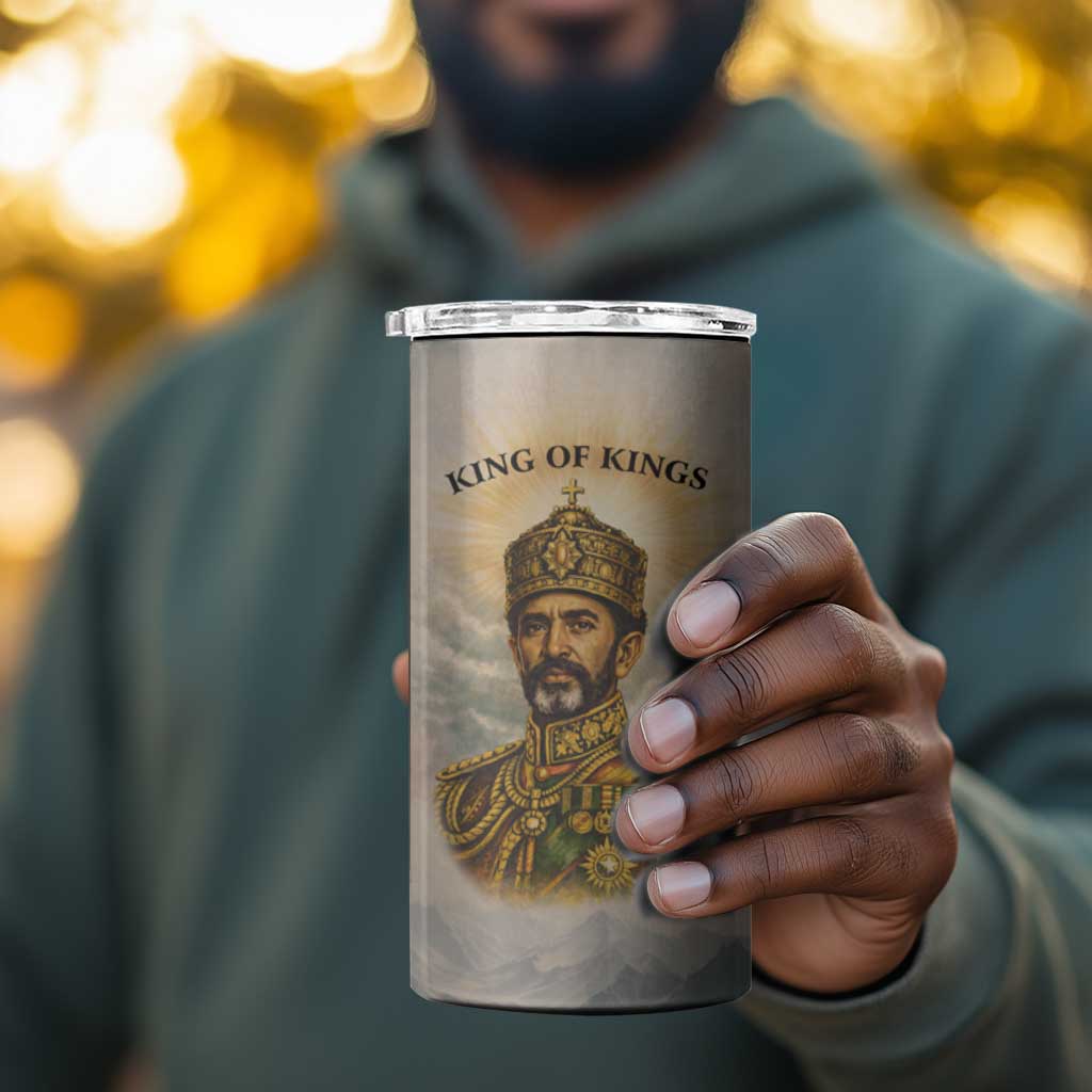 Haile Selassie I Ethiopia 4 in 1 Can Cooler Tumbler with King of Kings and Conquering Lion Cloud Rays and Regal Portrait - African Pride