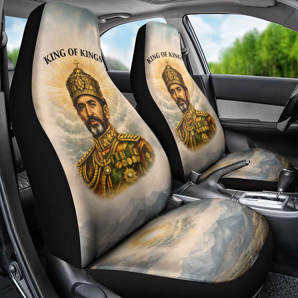 Haile Selassie I Ethiopia Car Seat Cover with King of Kings and Conquering Lion Cloud Rays and Regal Portrait - African Pride