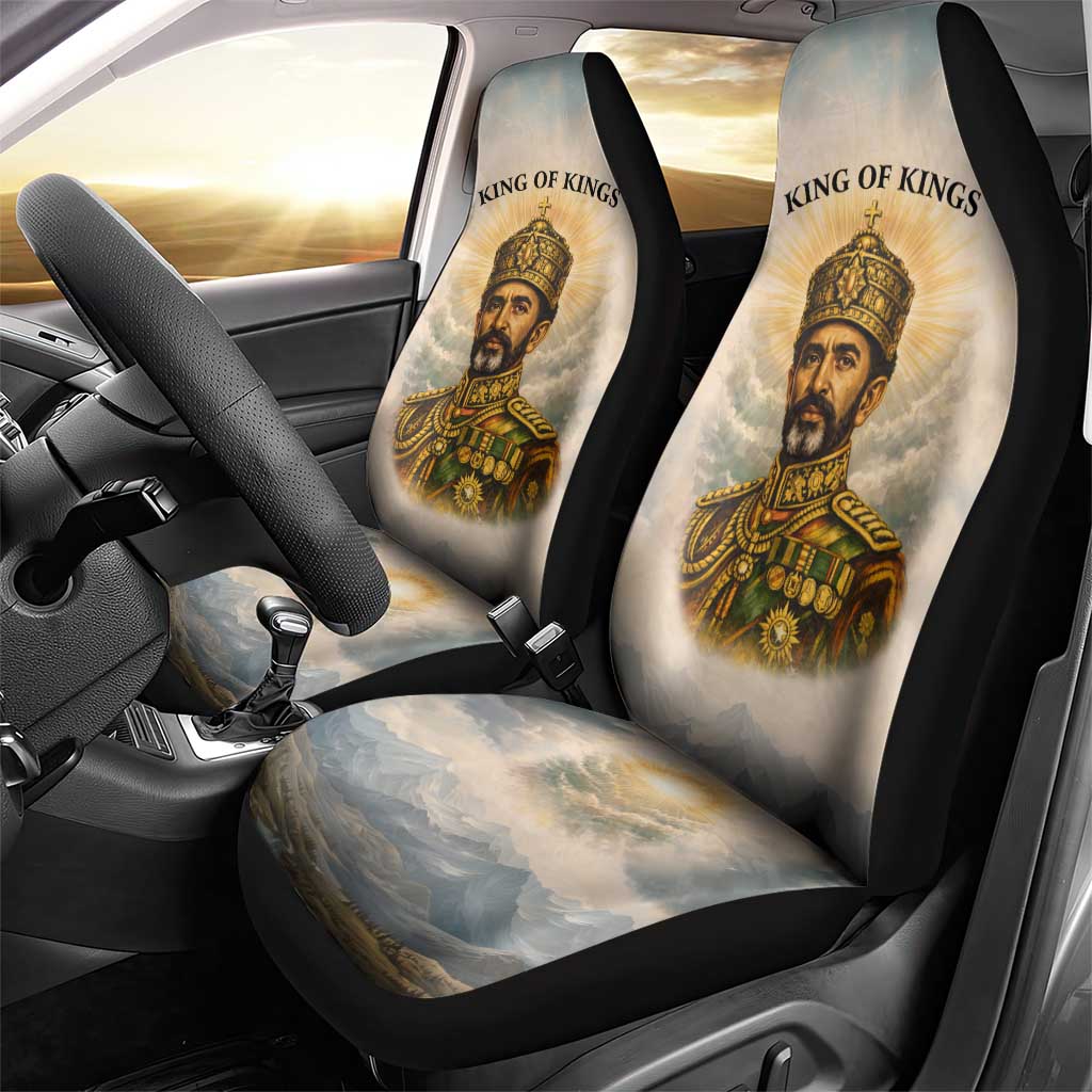 Haile Selassie I Ethiopia Car Seat Cover with King of Kings and Conquering Lion Cloud Rays and Regal Portrait - African Pride
