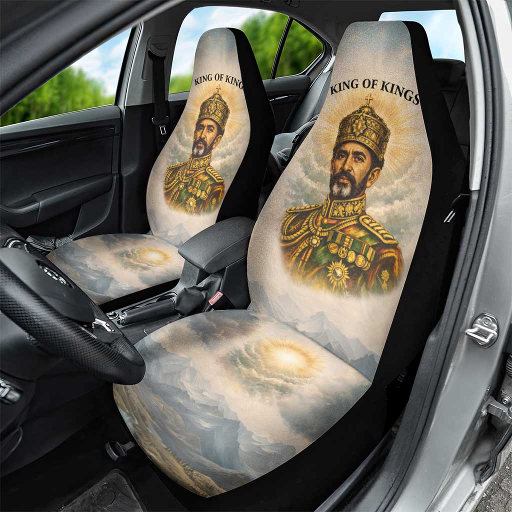 Haile Selassie I Ethiopia Car Seat Cover with King of Kings and Conquering Lion Cloud Rays and Regal Portrait - African Pride