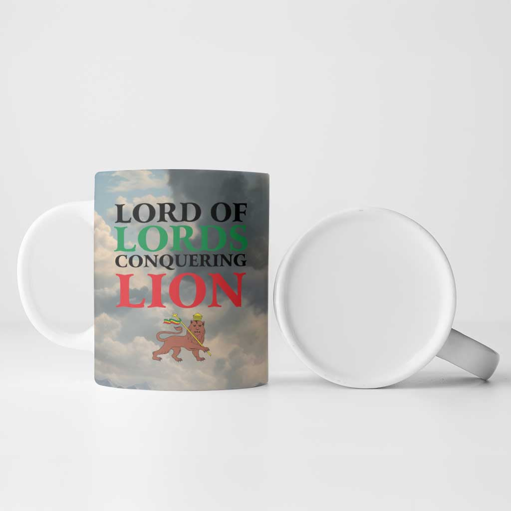 Haile Selassie I Ethiopia Ceramic Mug with King of Kings and Conquering Lion Cloud Rays and Regal Portrait - African Pride