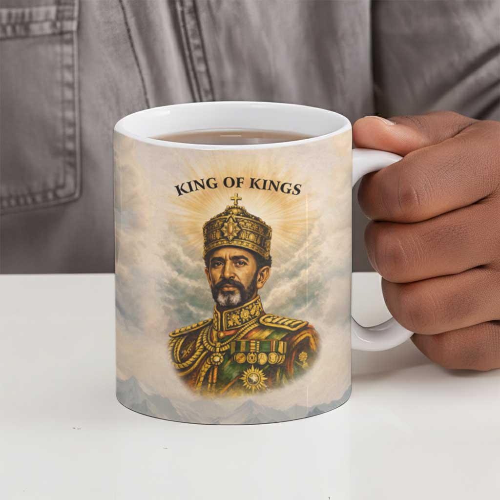 Haile Selassie I Ethiopia Ceramic Mug with King of Kings and Conquering Lion Cloud Rays and Regal Portrait - African Pride