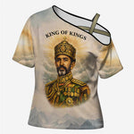 Haile Selassie I Ethiopia Cross Shoulder Shirt with King of Kings and Conquering Lion Cloud Rays and Regal Portrait