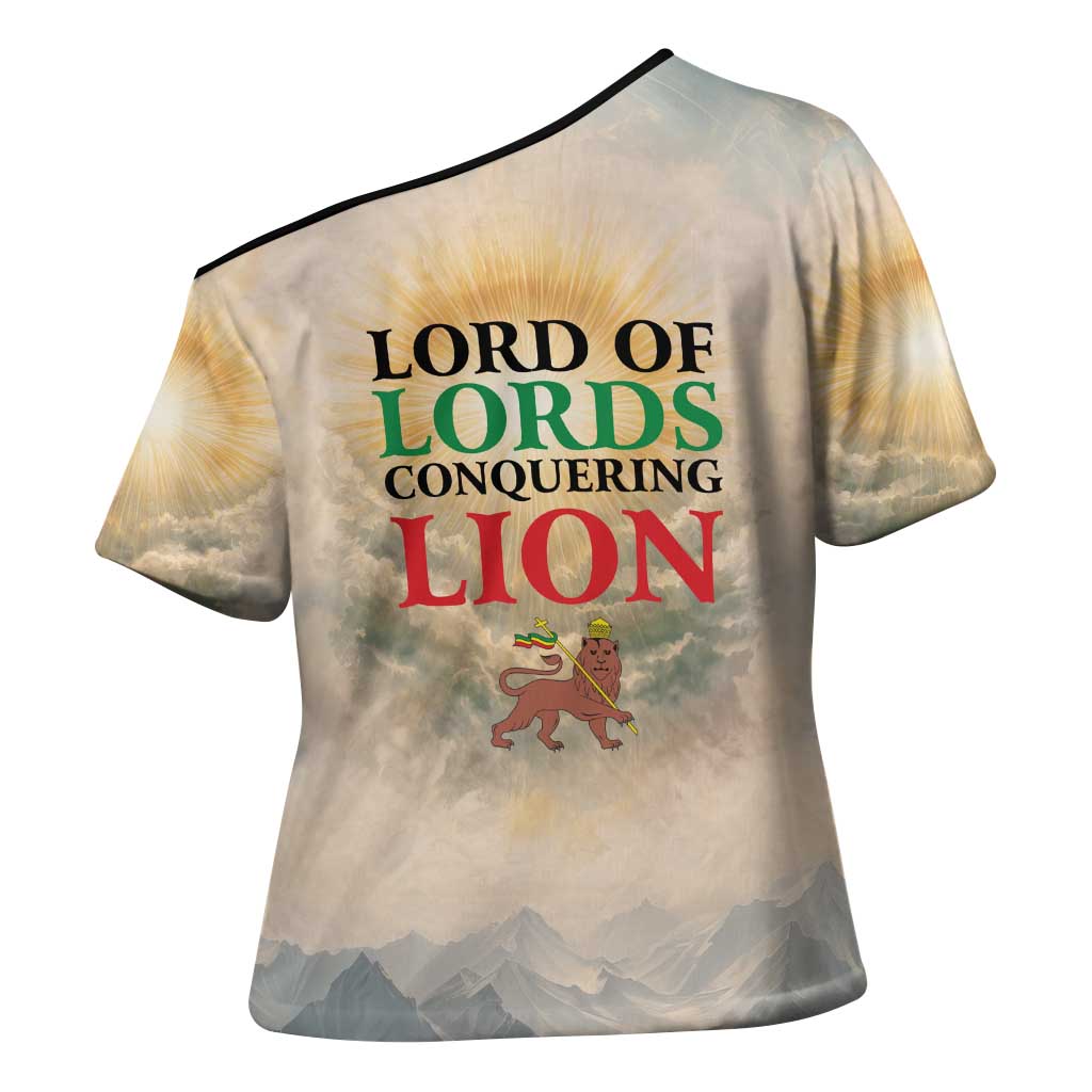 Haile Selassie I Ethiopia Cross Shoulder Shirt with King of Kings and Conquering Lion Cloud Rays and Regal Portrait