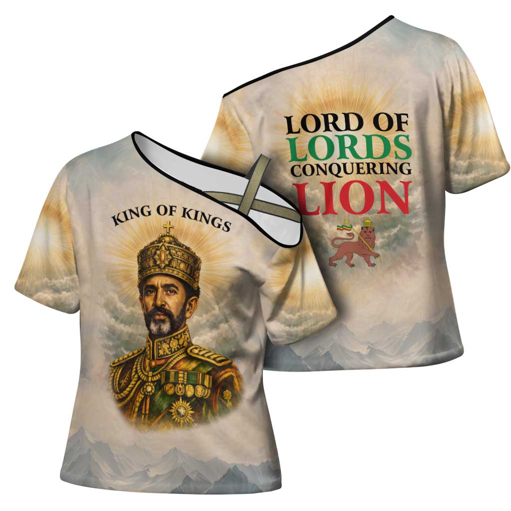 Haile Selassie I Ethiopia Cross Shoulder Shirt with King of Kings and Conquering Lion Cloud Rays and Regal Portrait