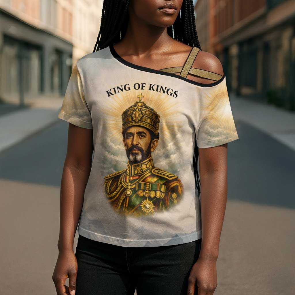 Haile Selassie I Ethiopia Cross Shoulder Shirt with King of Kings and Conquering Lion Cloud Rays and Regal Portrait