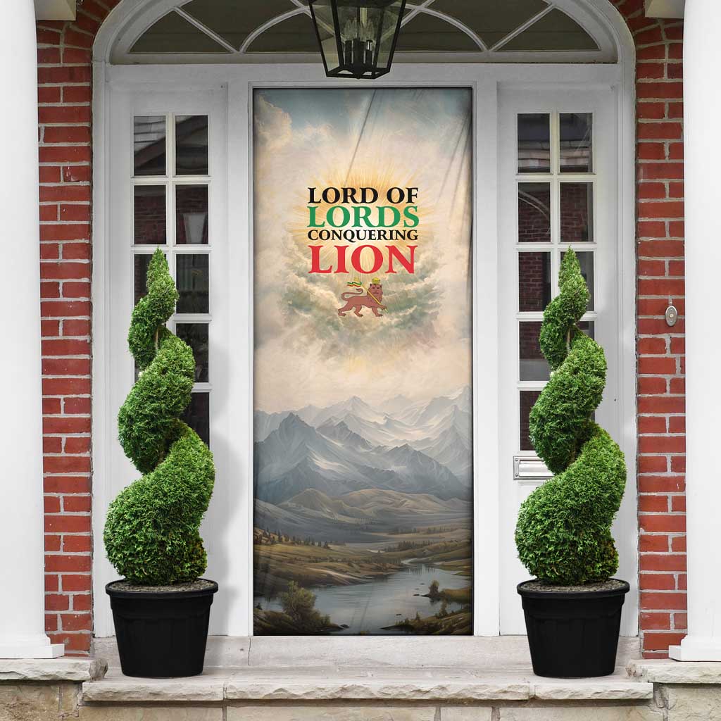 Haile Selassie I Ethiopia Door Cover with King of Kings and Conquering Lion Cloud Rays and Regal Portrait - African Pride