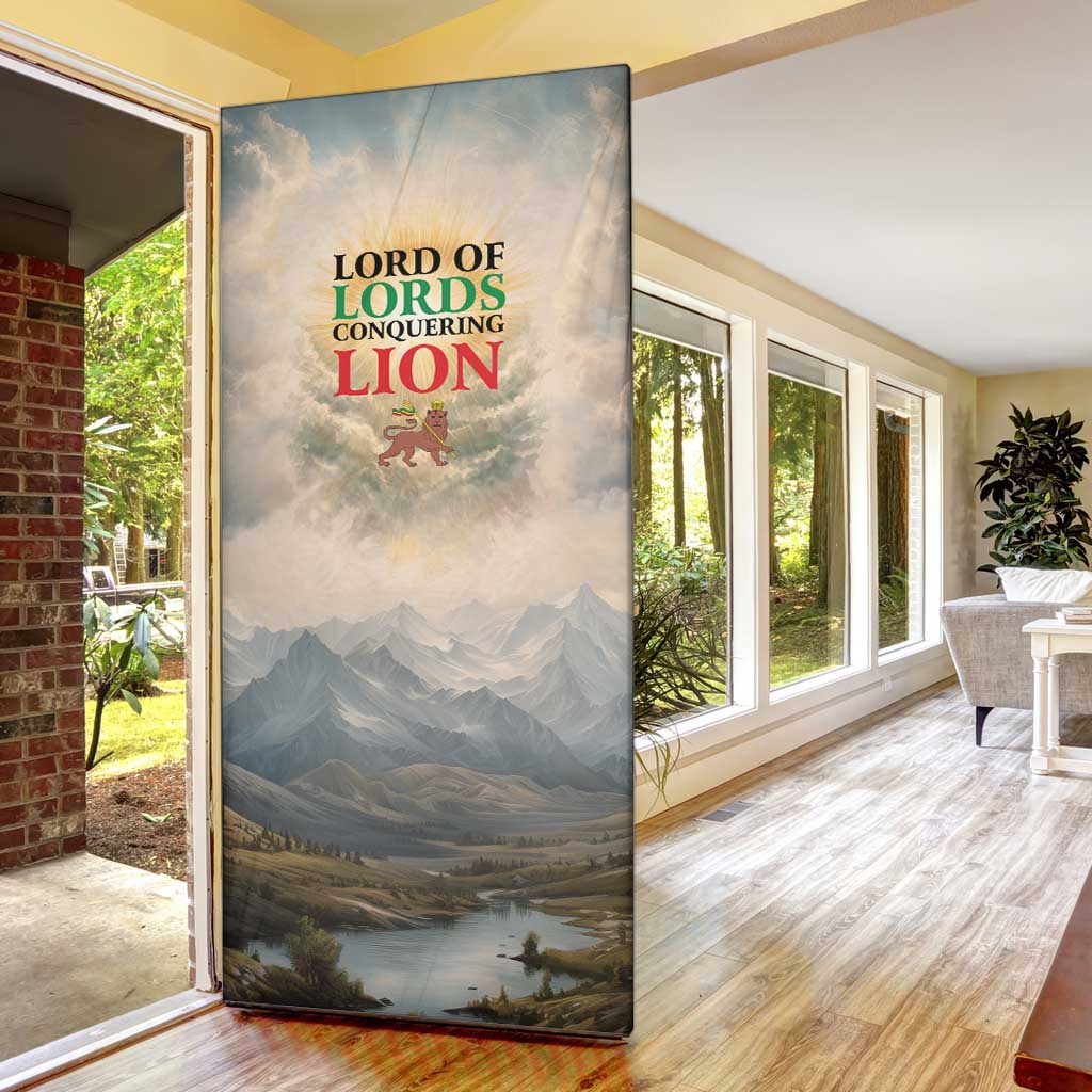 Haile Selassie I Ethiopia Door Cover with King of Kings and Conquering Lion Cloud Rays and Regal Portrait - African Pride