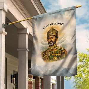 Haile Selassie I Ethiopia Garden Flag with King of Kings and Conquering Lion Cloud Rays and Regal Portrait - African Pride