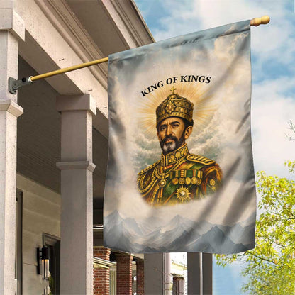 Haile Selassie I Ethiopia Garden Flag with King of Kings and Conquering Lion Cloud Rays and Regal Portrait - African Pride