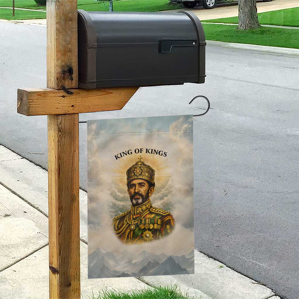 Haile Selassie I Ethiopia Garden Flag with King of Kings and Conquering Lion Cloud Rays and Regal Portrait - African Pride