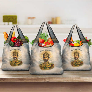 Haile Selassie I Ethiopia Grocery Bag with King of Kings and Conquering Lion Cloud Rays and Regal Portrait - African Pride