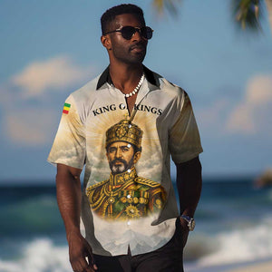 Haile Selassie I Ethiopia Hawaiian Shirt with King of Kings and Conquering Lion Cloud Rays and Regal Portrait - African Pride