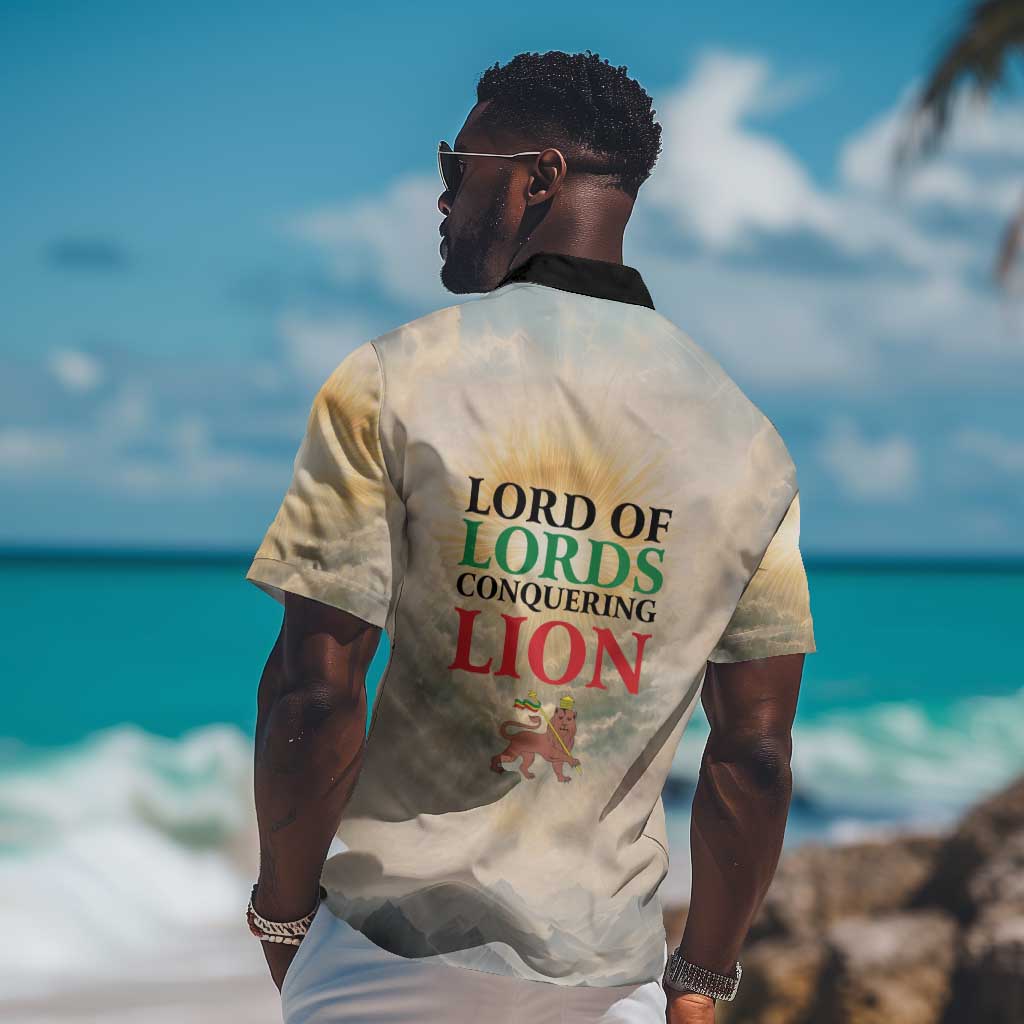 Haile Selassie I Ethiopia Hawaiian Shirt with King of Kings and Conquering Lion Cloud Rays and Regal Portrait
