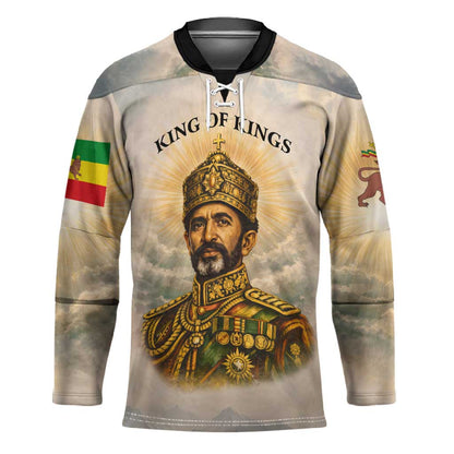 Haile Selassie I Ethiopia Hockey Jersey with King of Kings and Conquering Lion Cloud Rays and Regal Portrait