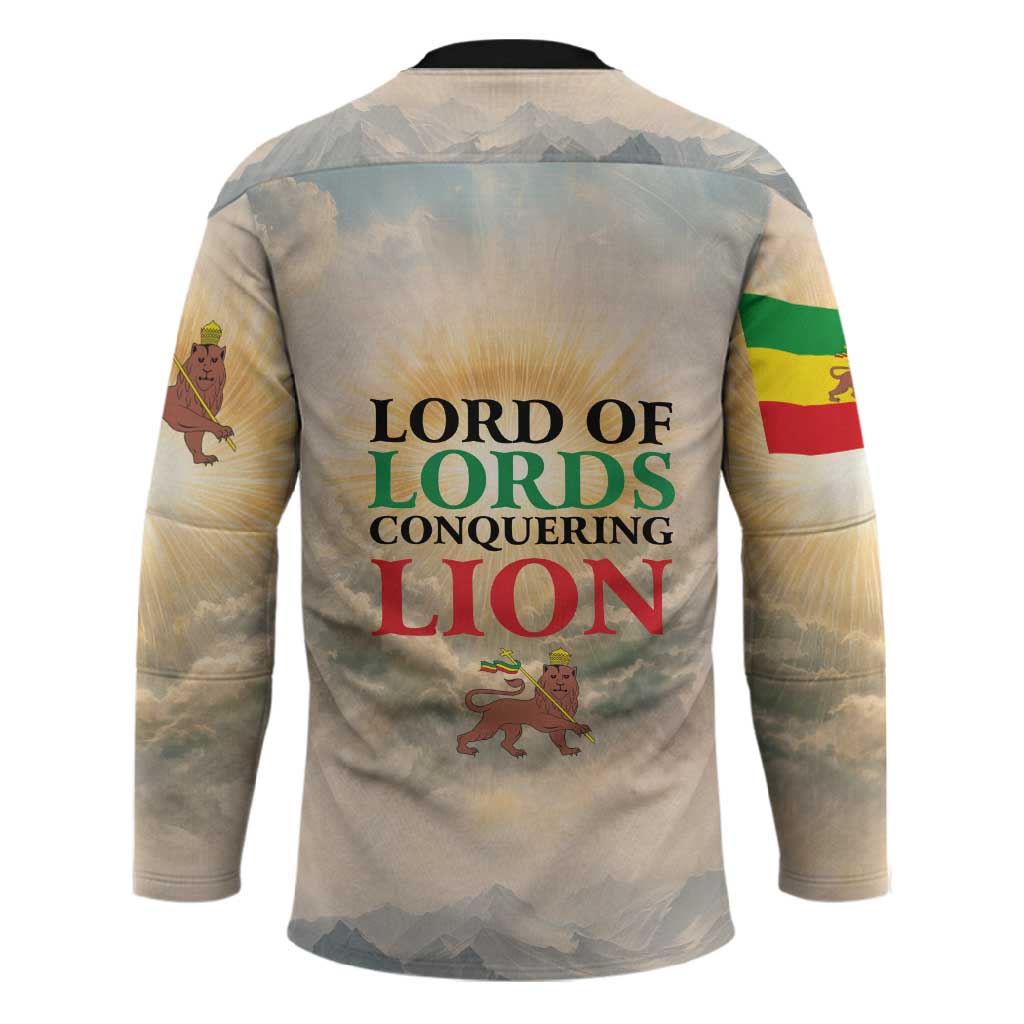 Haile Selassie I Ethiopia Hockey Jersey with King of Kings and Conquering Lion Cloud Rays and Regal Portrait