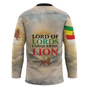 Haile Selassie I Ethiopia Hockey Jersey with King of Kings and Conquering Lion Cloud Rays and Regal Portrait