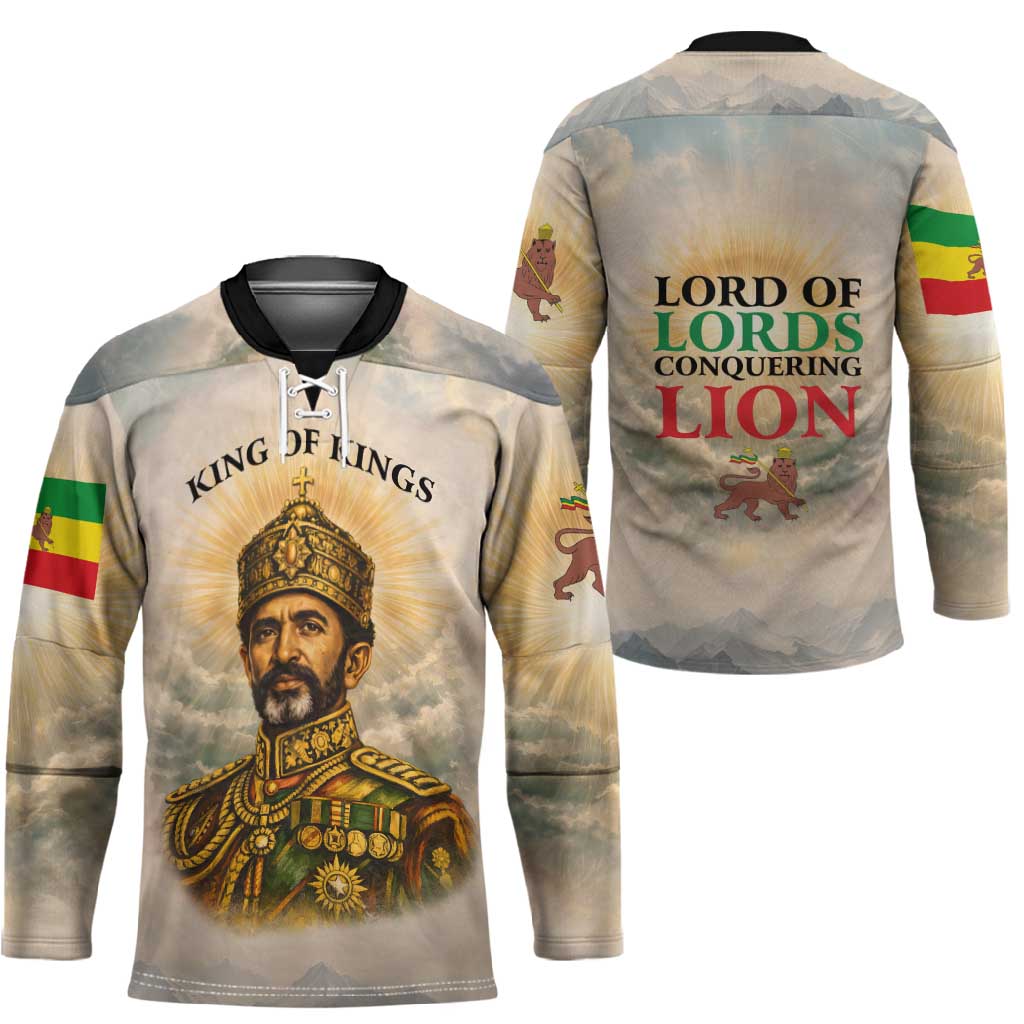 Haile Selassie I Ethiopia Hockey Jersey with King of Kings and Conquering Lion Cloud Rays and Regal Portrait