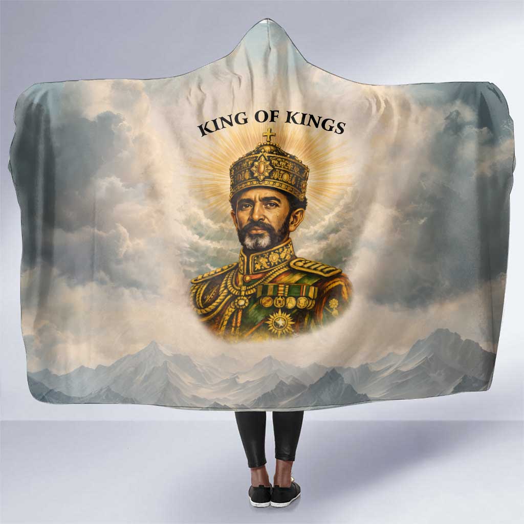 Haile Selassie I Ethiopia Hooded Blanket with King of Kings and Conquering Lion Cloud Rays and Regal Portrait - African Pride