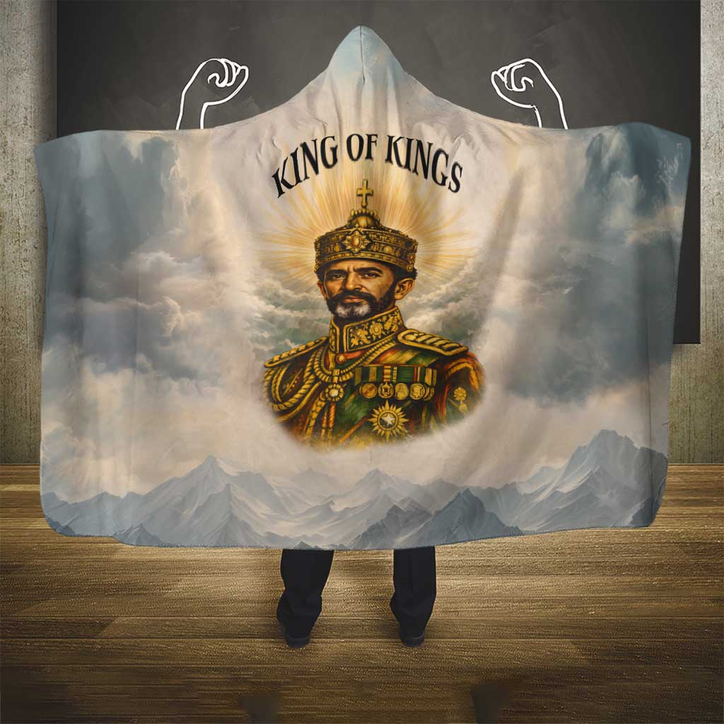 Haile Selassie I Ethiopia Hooded Blanket with King of Kings and Conquering Lion Cloud Rays and Regal Portrait - African Pride