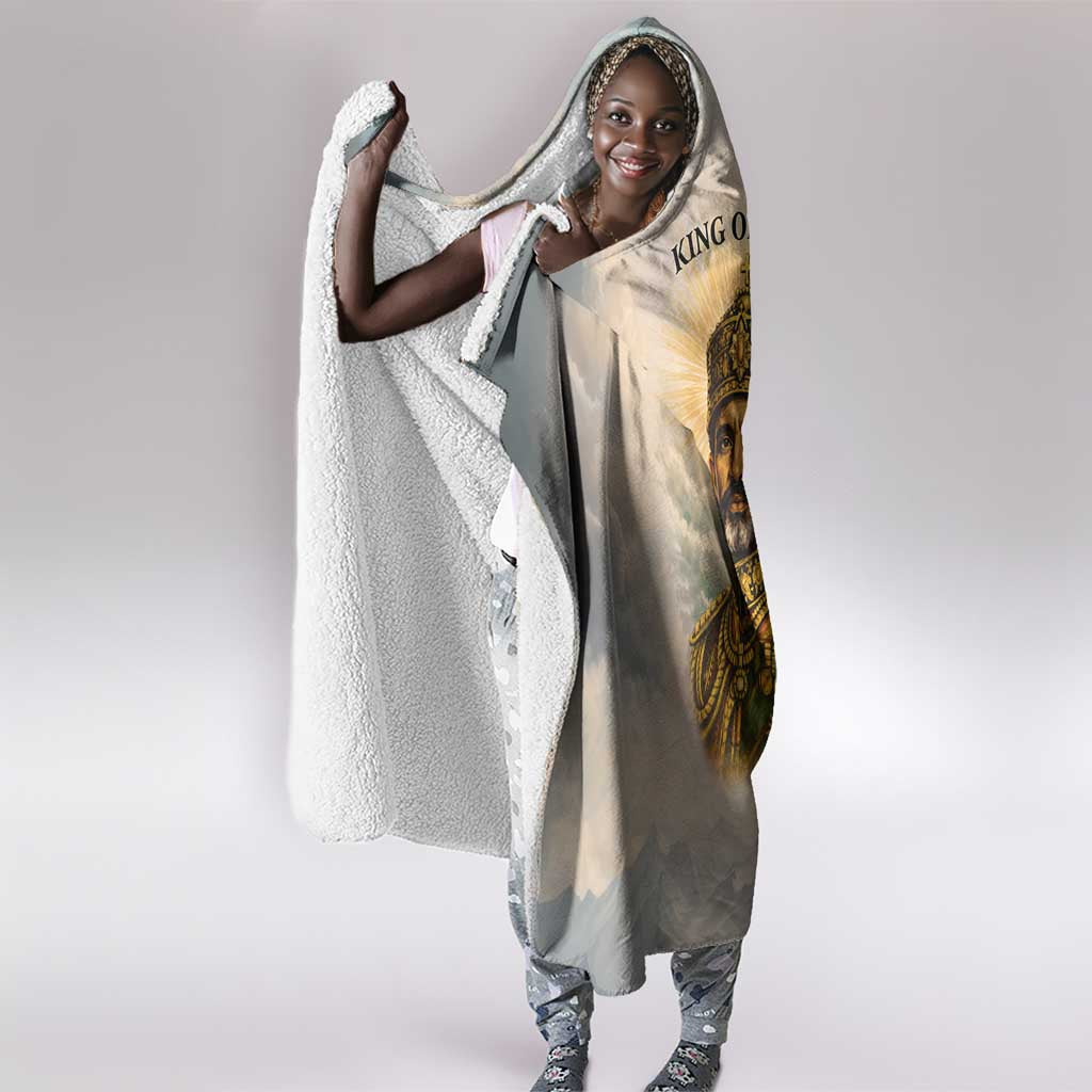 Haile Selassie I Ethiopia Hooded Blanket with King of Kings and Conquering Lion Cloud Rays and Regal Portrait - African Pride