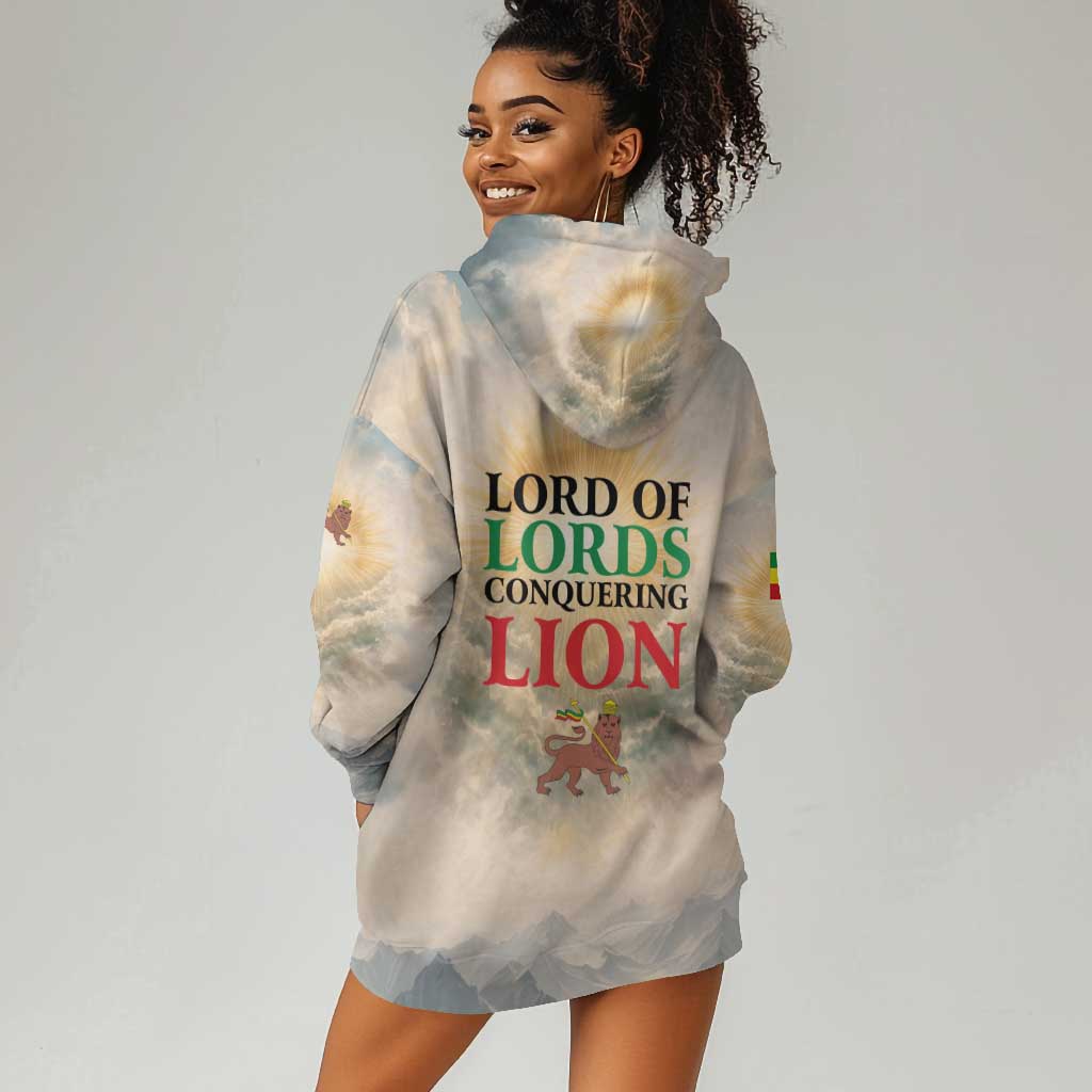 Haile Selassie I Ethiopia Hoodie Dress with King of Kings and Conquering Lion Cloud Rays and Regal Portrait