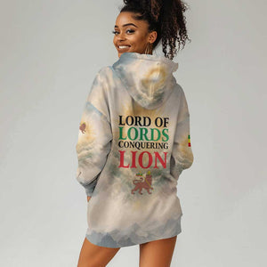 Haile Selassie I Ethiopia Hoodie Dress with King of Kings and Conquering Lion Cloud Rays and Regal Portrait