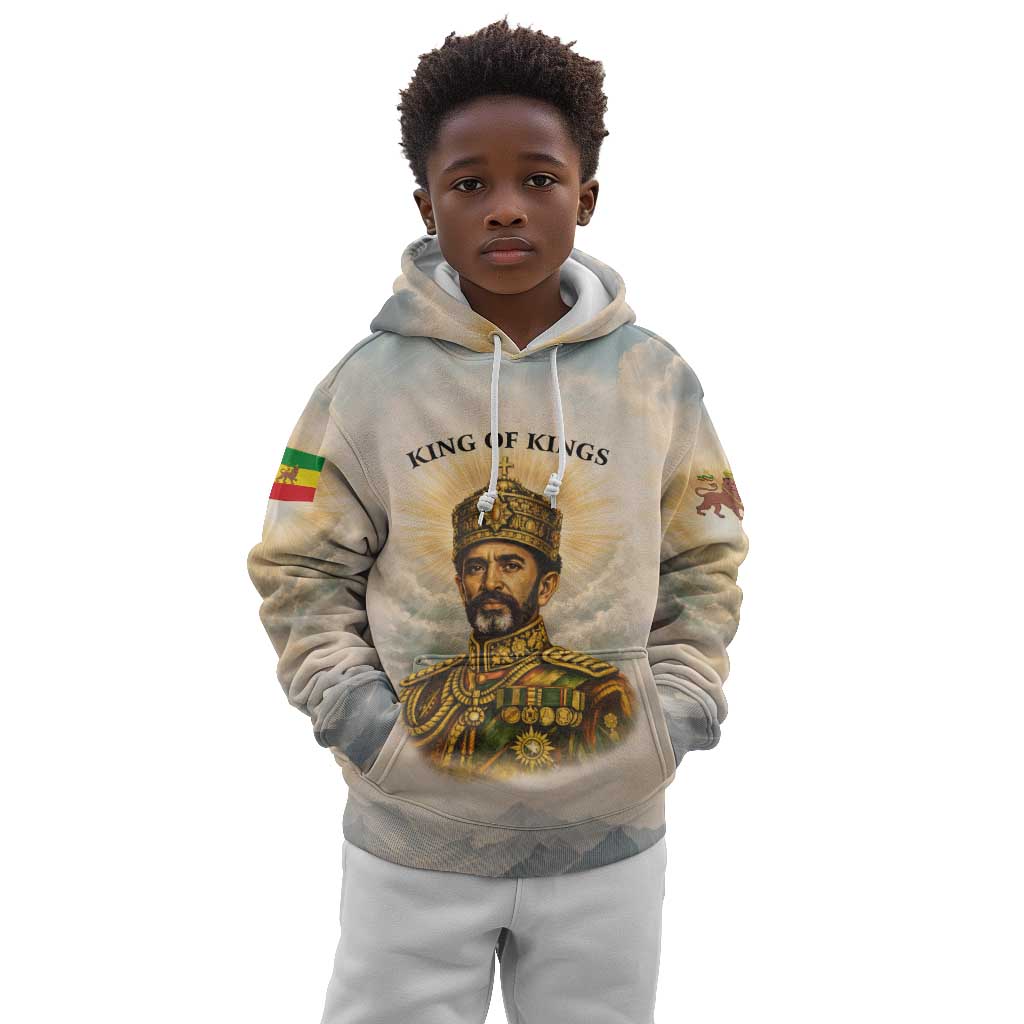 Haile Selassie I Ethiopia Kid Hoodie with King of Kings and Conquering Lion Cloud Rays and Regal Portrait