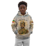 Haile Selassie I Ethiopia Kid Hoodie with King of Kings and Conquering Lion Cloud Rays and Regal Portrait