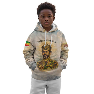 Haile Selassie I Ethiopia Kid Hoodie with King of Kings and Conquering Lion Cloud Rays and Regal Portrait