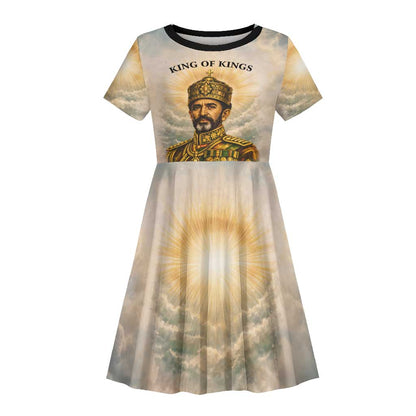 Haile Selassie I Ethiopia Kid Short Sleeve Dress with King of Kings and Conquering Lion Cloud Rays and Regal Portrait