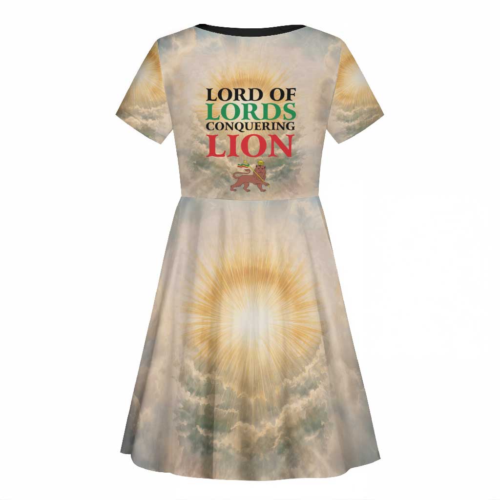 Haile Selassie I Ethiopia Kid Short Sleeve Dress with King of Kings and Conquering Lion Cloud Rays and Regal Portrait