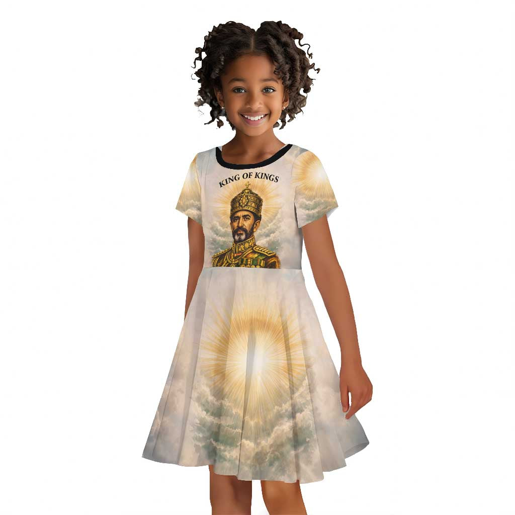 Haile Selassie I Ethiopia Kid Short Sleeve Dress with King of Kings and Conquering Lion Cloud Rays and Regal Portrait