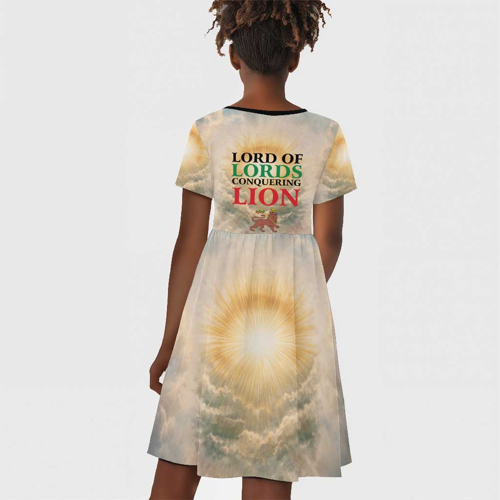 Haile Selassie I Ethiopia Kid Short Sleeve Dress with King of Kings and Conquering Lion Cloud Rays and Regal Portrait