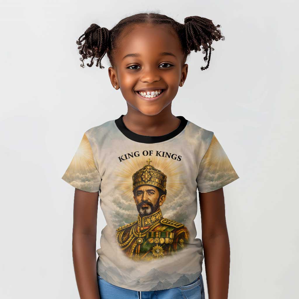 Haile Selassie I Ethiopia Kid T shirt with King of Kings and Conquering Lion Cloud Rays and Regal Portrait