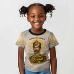 Haile Selassie I Ethiopia Kid T shirt with King of Kings and Conquering Lion Cloud Rays and Regal Portrait