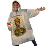 Haile Selassie I Ethiopia Kid Wearable Blanket Hoodie with King of Kings and Conquering Lion Cloud Rays and Regal Portrait