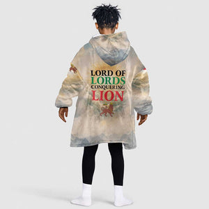 Haile Selassie I Ethiopia Kid Wearable Blanket Hoodie with King of Kings and Conquering Lion Cloud Rays and Regal Portrait