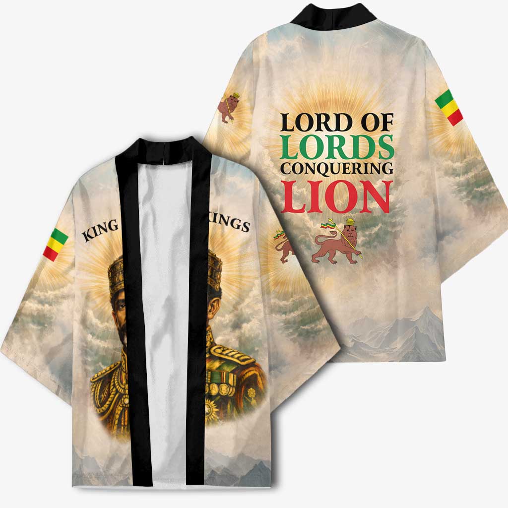 Haile Selassie I Ethiopia Kimono with King of Kings and Conquering Lion Cloud Rays and Regal Portrait